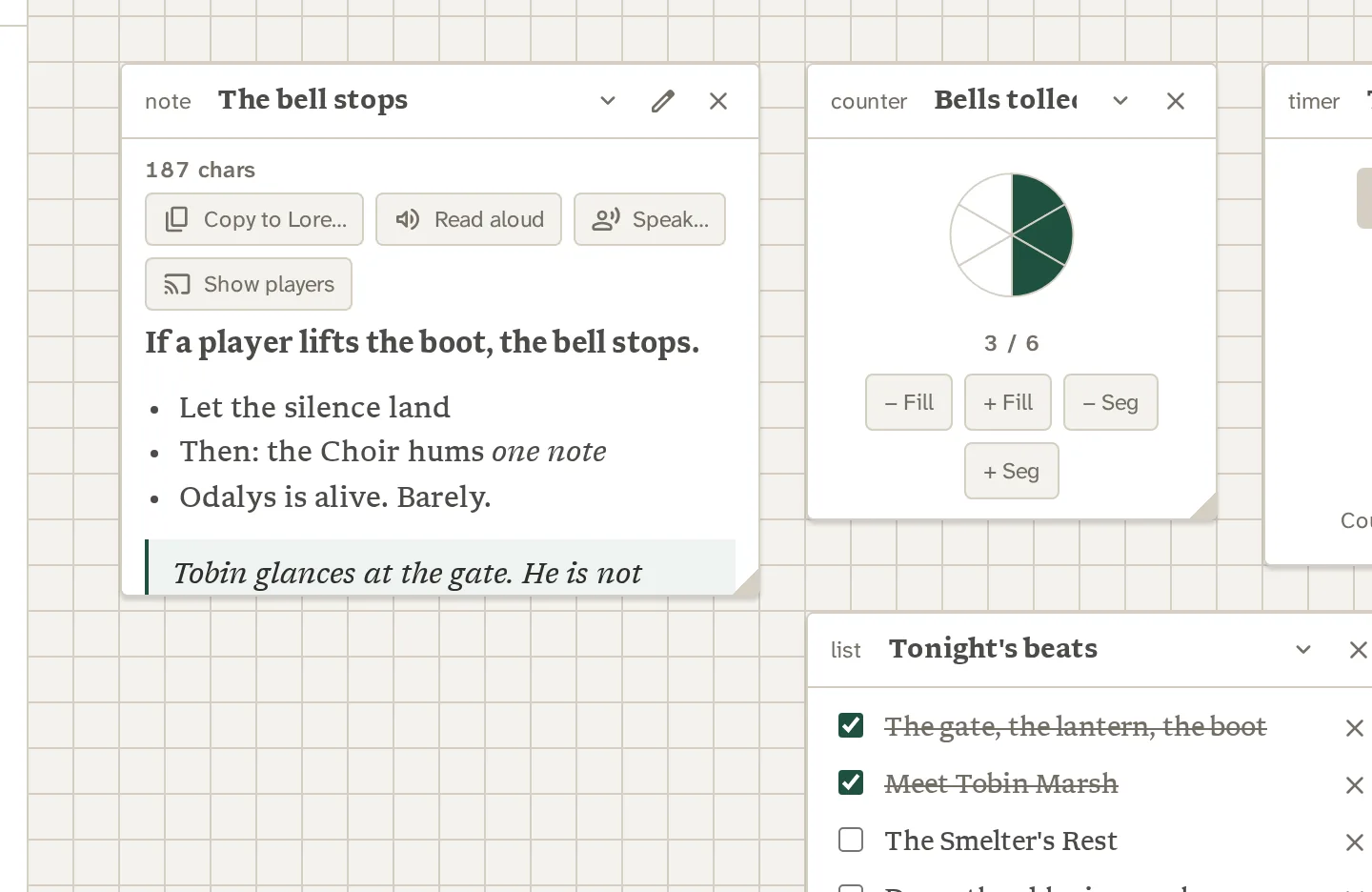 A note card with Copy to Lore, Read aloud, Speak and Show players, over its rendered text