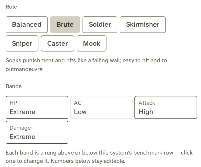 Role chips and the band strip for hit points, armor class, attack and damage