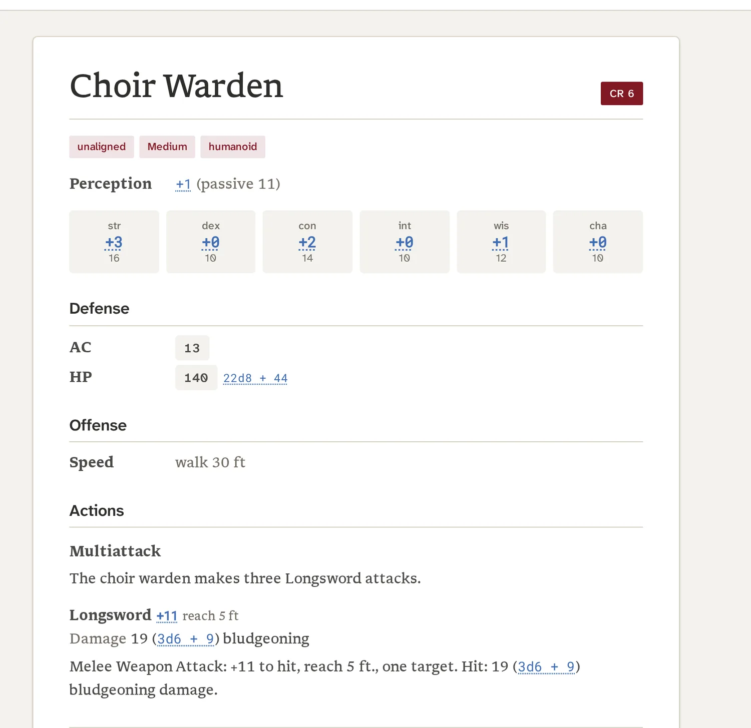 The Choir Warden's stat block in the Builder's preview