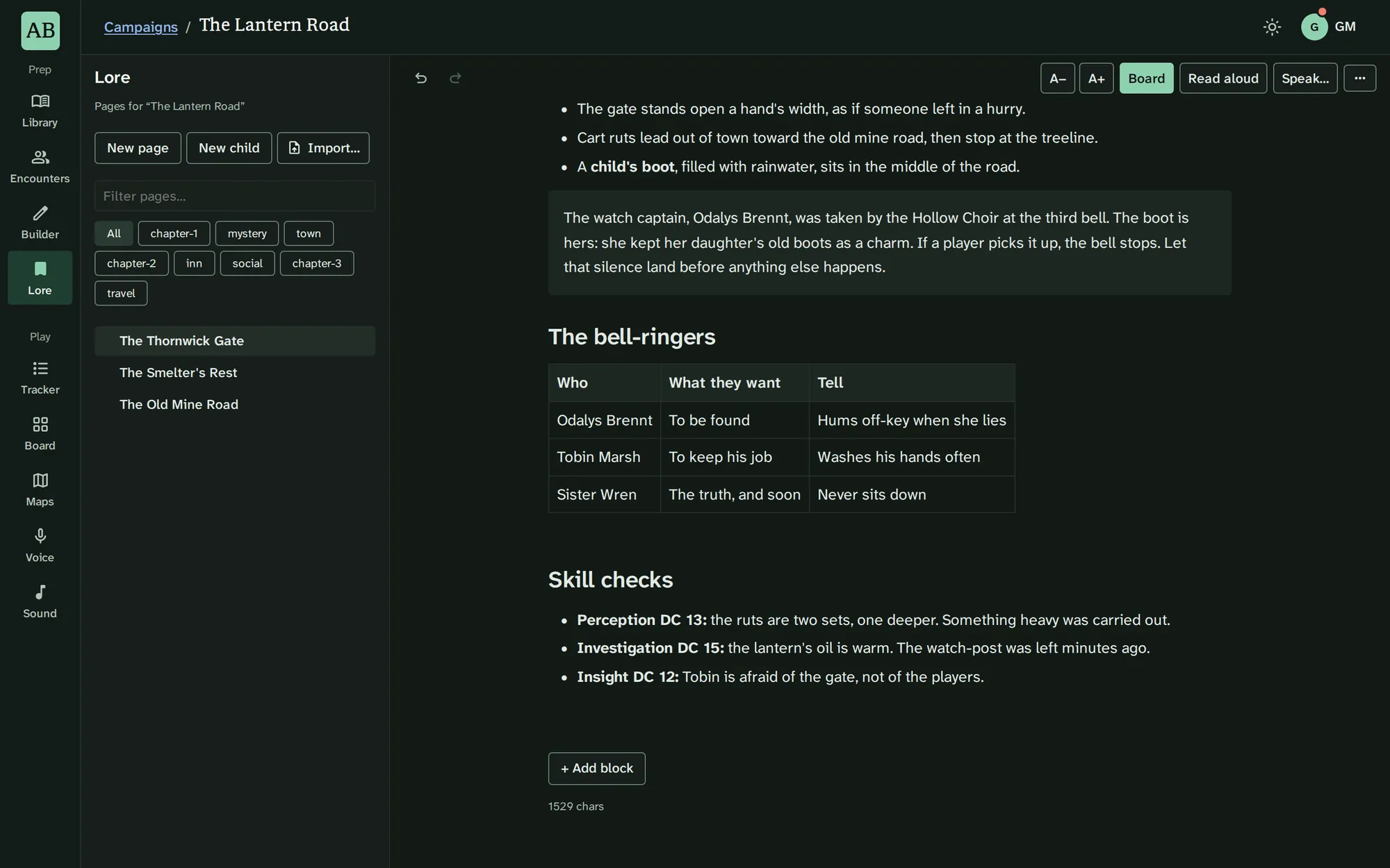 The same Lore page in the dark theme