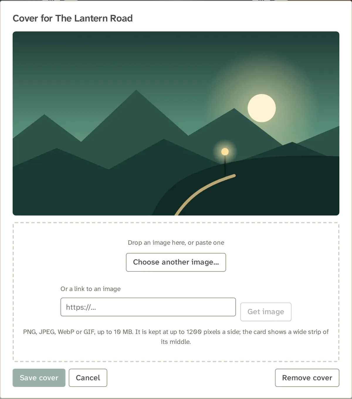 The cover dialog for a campaign: a preview, and Save and Remove buttons
