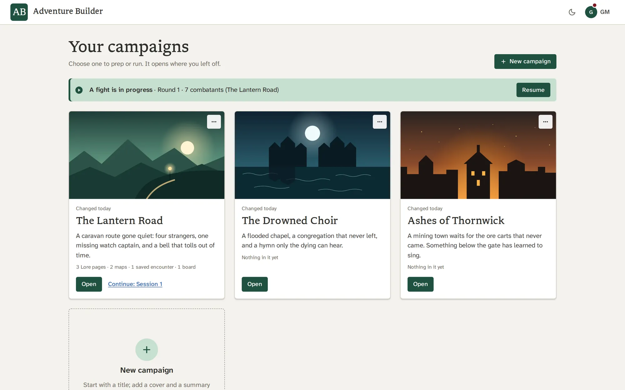 Campaign Home: three campaign cards with covers, summaries and what each holds, and a fight in progress waiting to be resumed