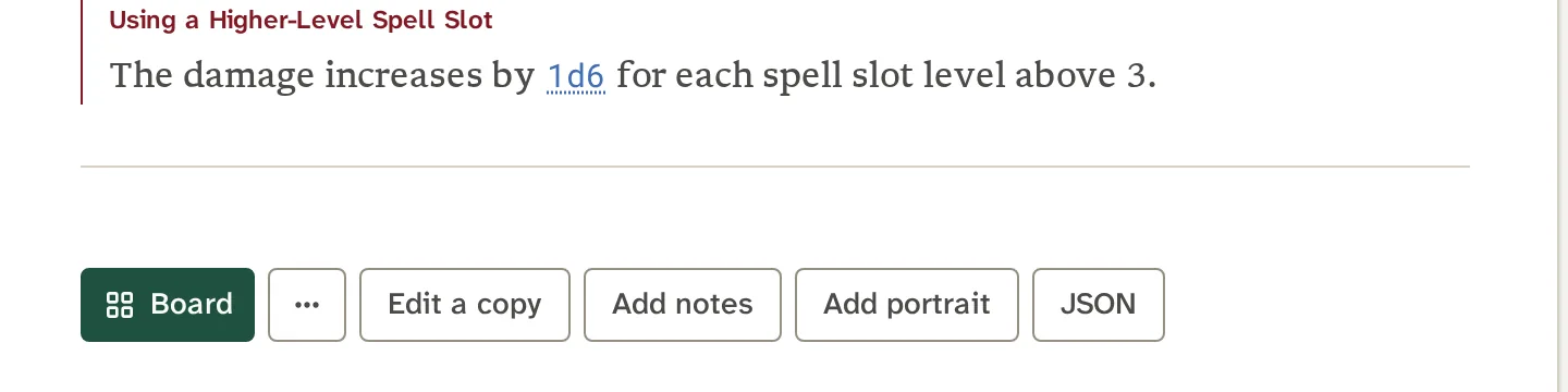 A spell's sheet with Board, Edit a copy, Add notes, Add portrait and JSON buttons