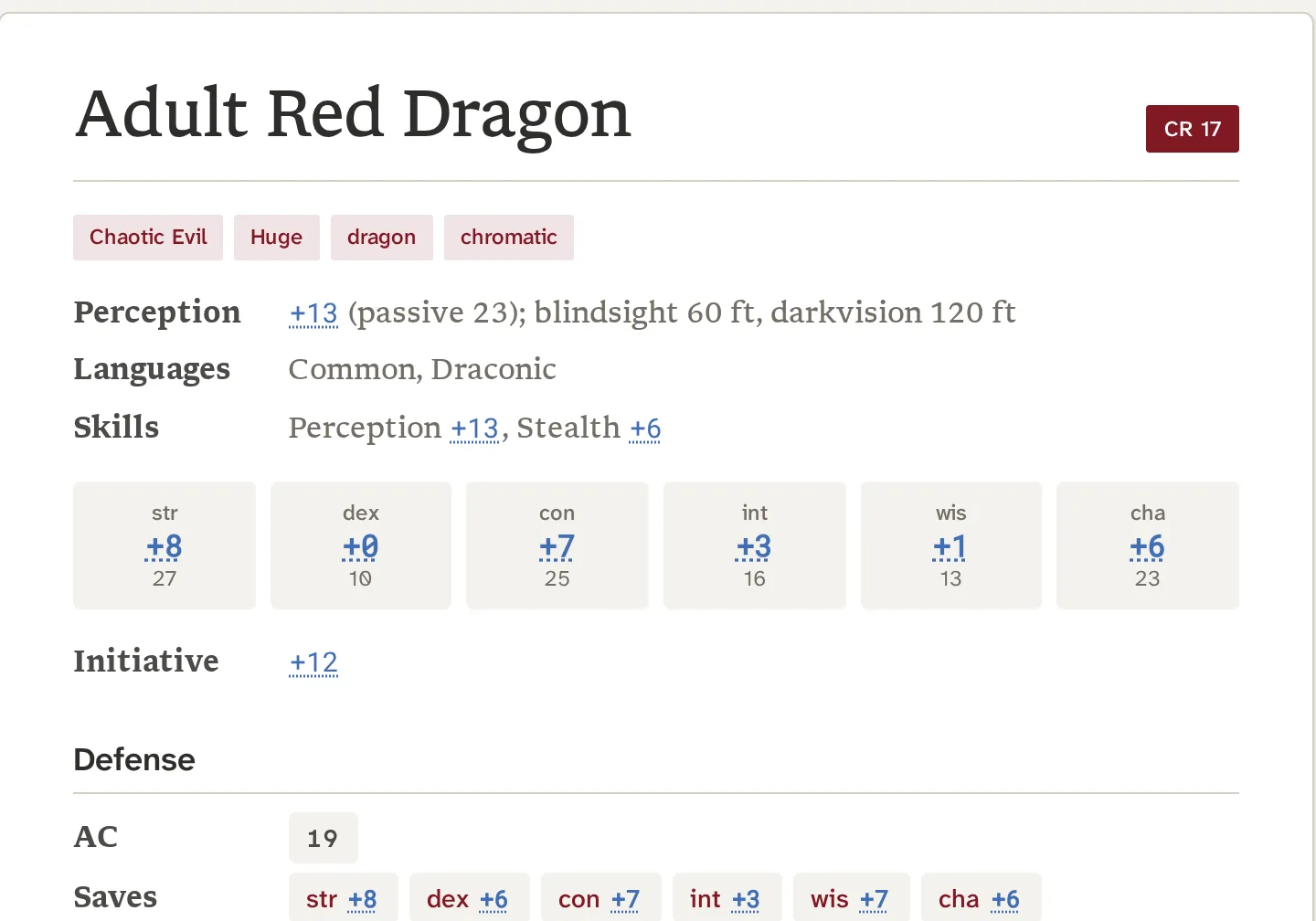 A 5e stat block in the serif style