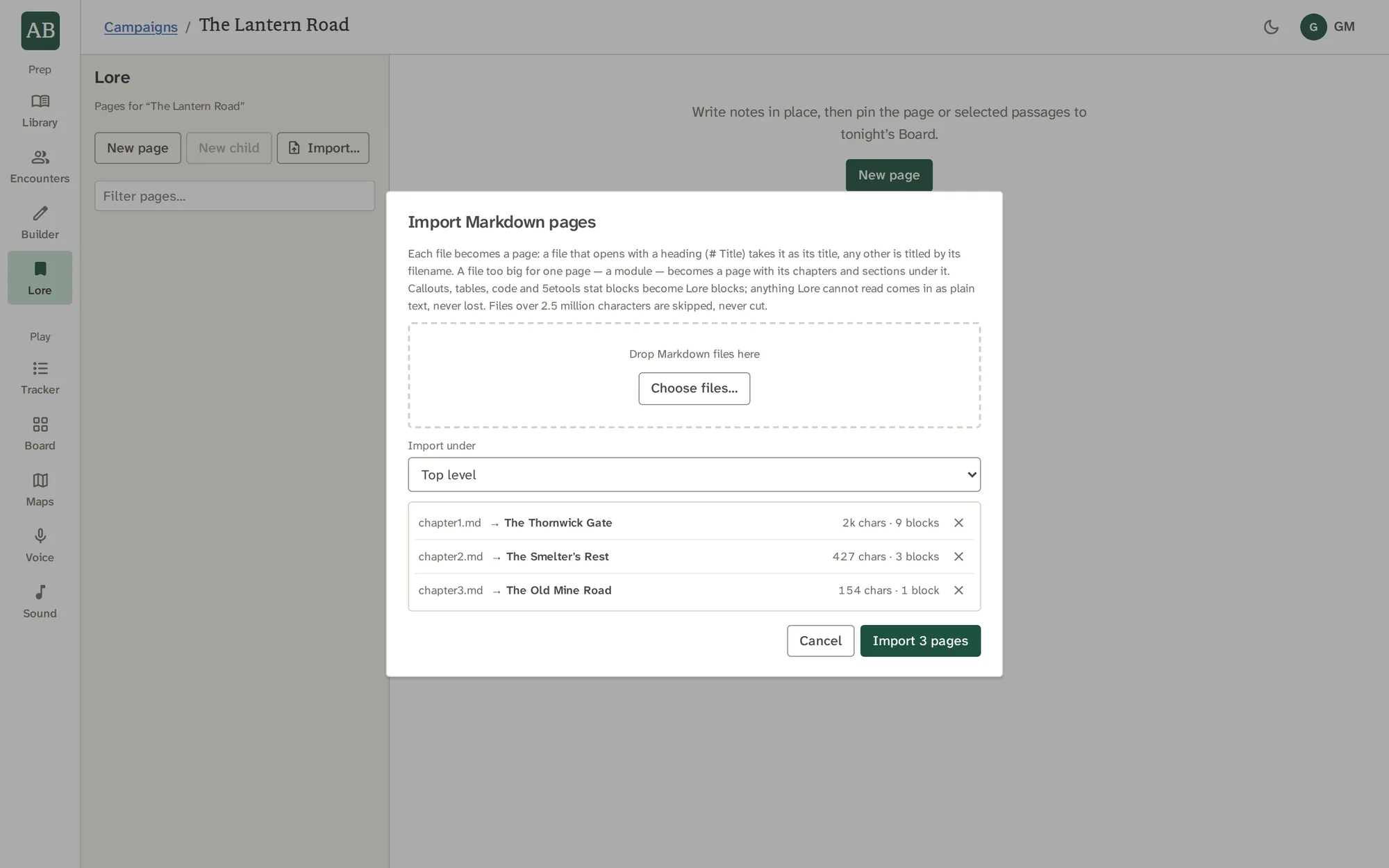 The import dialog listing three Markdown files and the pages they make