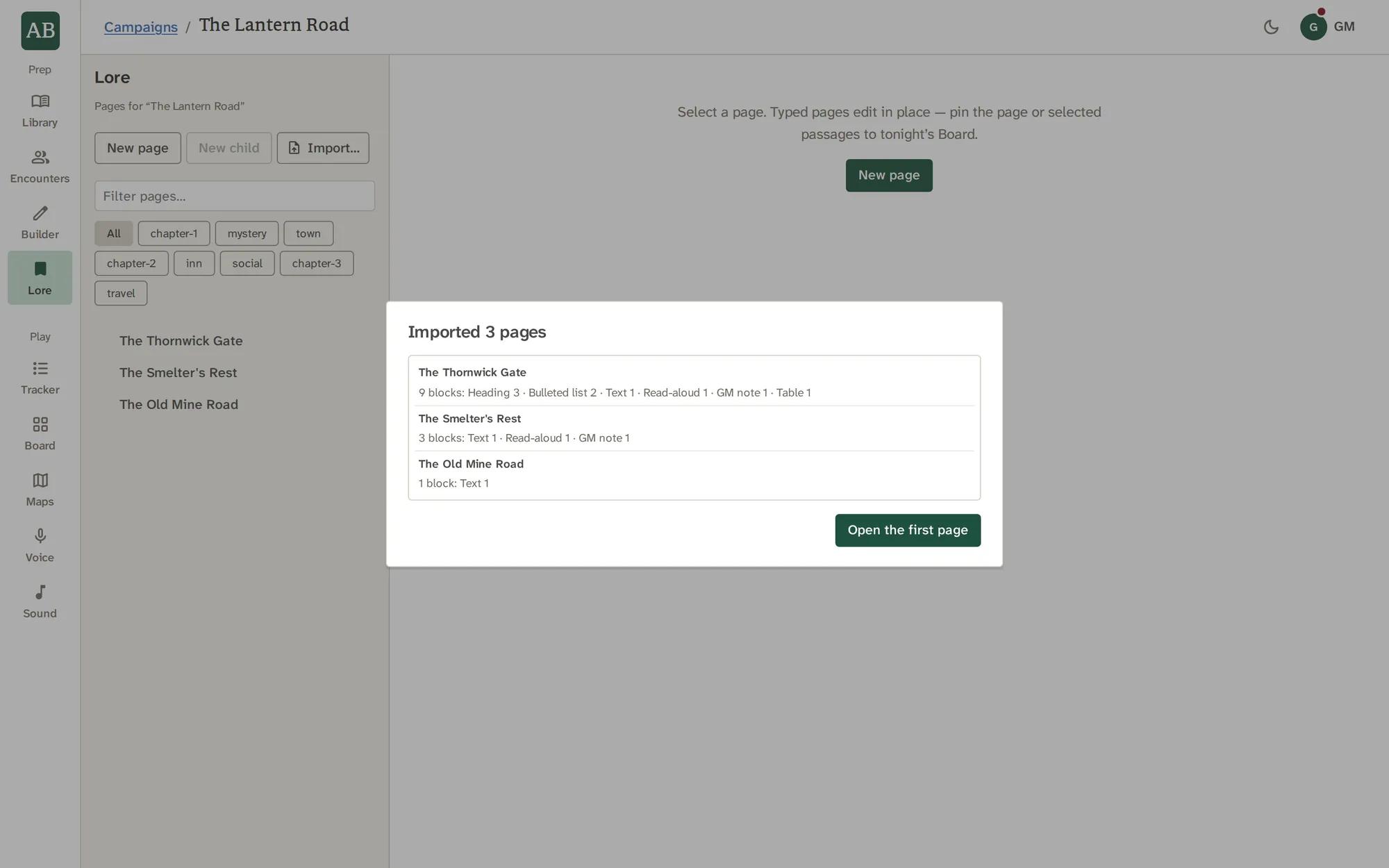 The import report: three pages, with their blocks counted by kind