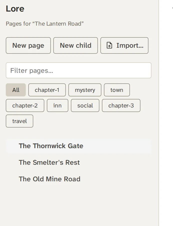 The page tree with tags, three chapters and a filter box
