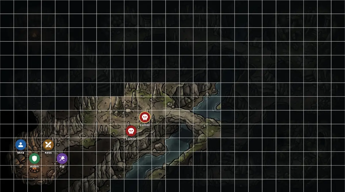 A cave map under fog of war: the cells the party has reached are lit, and the rest is dim