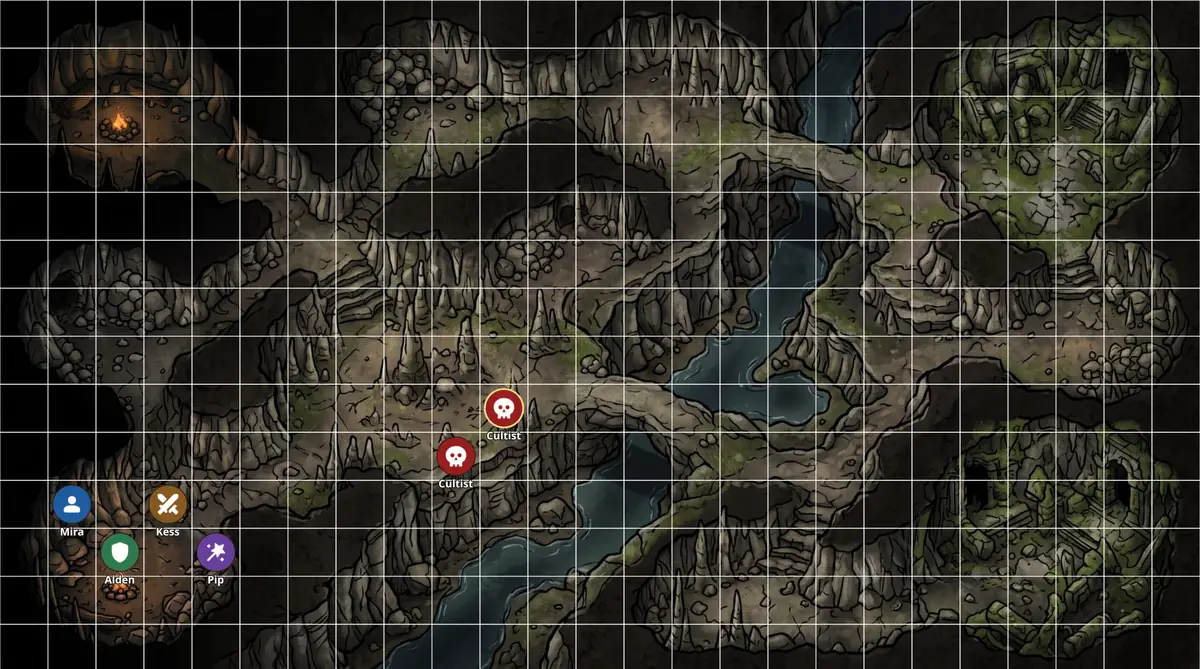 A dark cave map on a square grid, with four heroes by a campfire in the south-west and two cultists in the middle