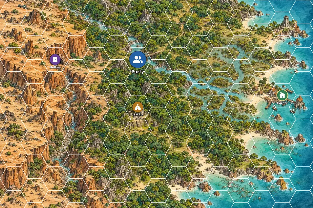 A map of red cliffs, jungle and a harbor on a flat-topped hex grid, with tokens for a hollow, a temple and a harbor
