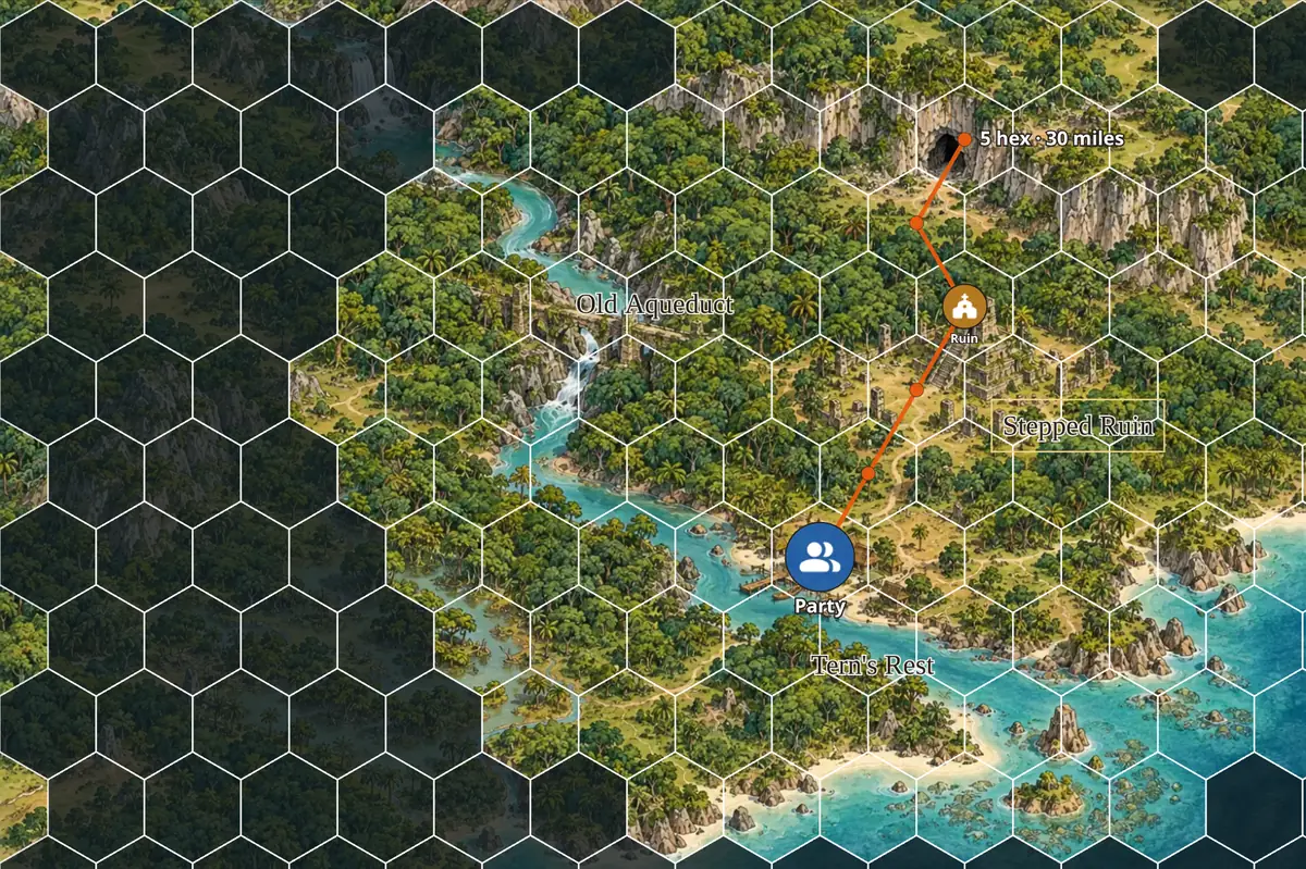 A coastal jungle map on a hex grid, with fog in the west, a measured route and labels for the village, an aqueduct and a ruin