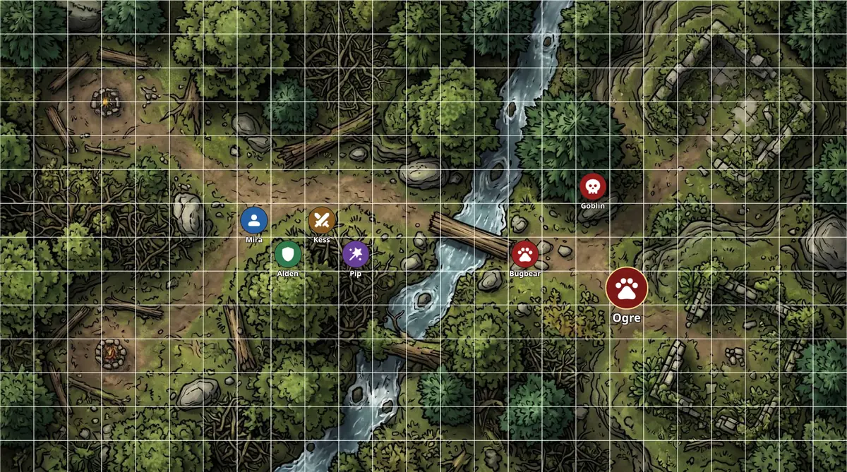 A forest map on a square grid, with a stream, a log bridge, four heroes on the west bank and three enemies on the east