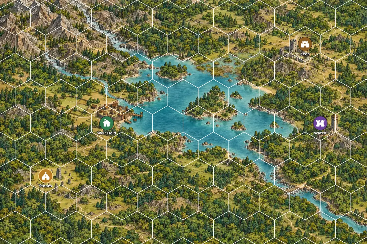A map of a lake ringed by forest and mountains on a hex grid, with tokens on a village, a keep, a watchtower and standing stones
