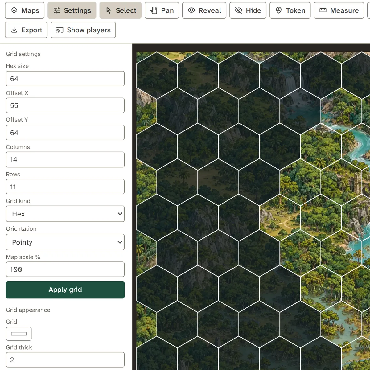 The grid settings: hex size, offsets, columns, rows, grid kind, orientation and map scale, beside a hex map
