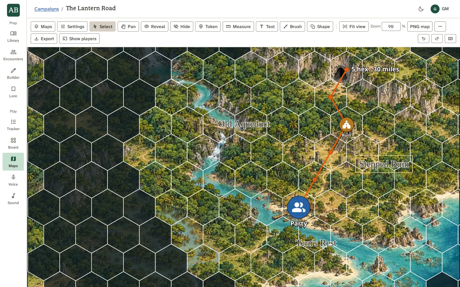 A hex map with a measured route of five hexes and thirty miles, and text labels, with the toolbar above