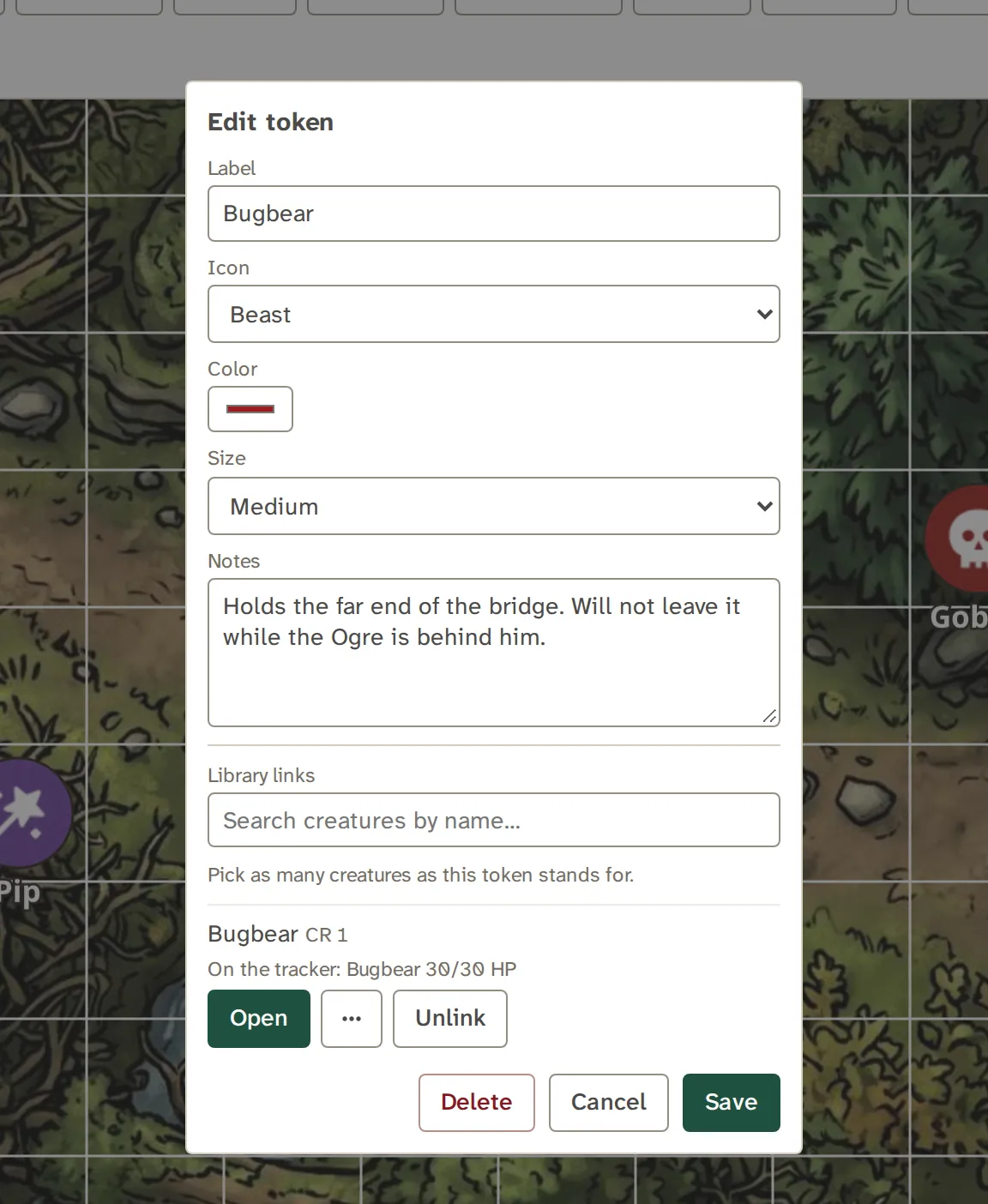 The token editor: label, icon, color, size and notes, and a linked Bugbear that is on the tracker