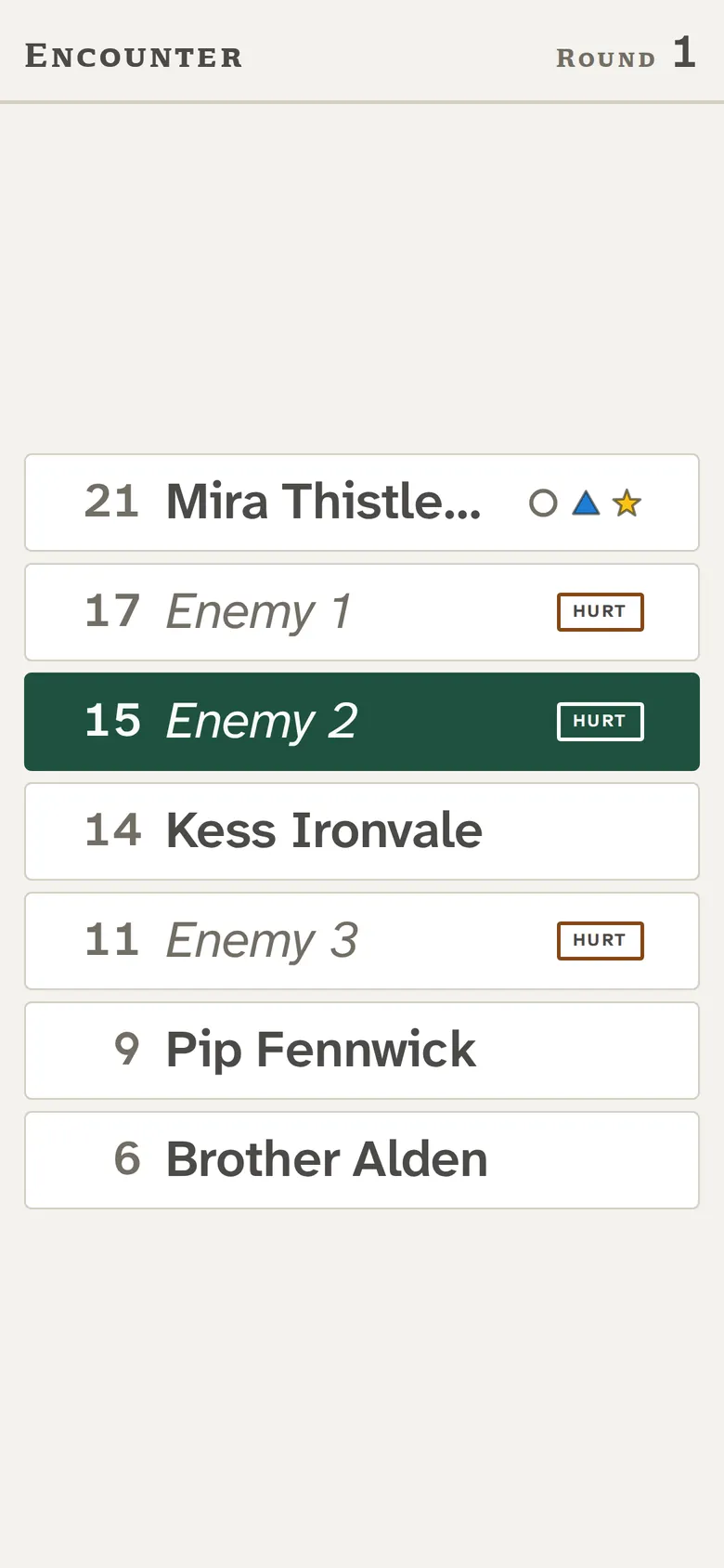 A player's phone showing the turn order, monsters masked as Enemy 1, 2 and 3