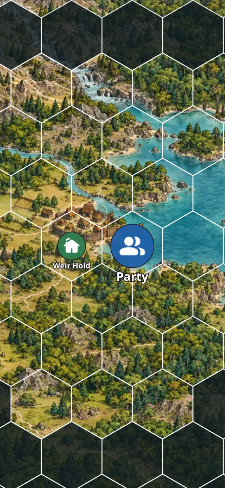 A player's phone showing a hex map with fog, a village and the party