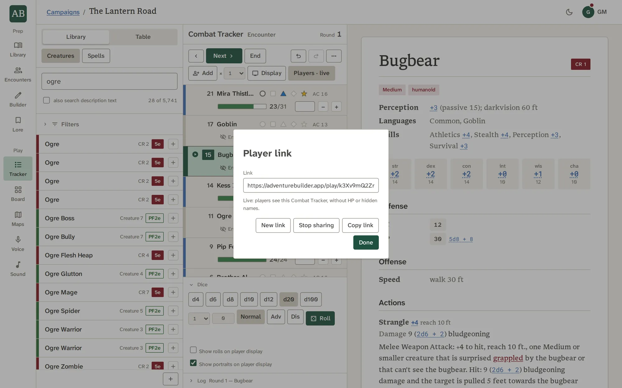 The Player link window: the link, Live, and New link, Stop sharing and Copy link buttons