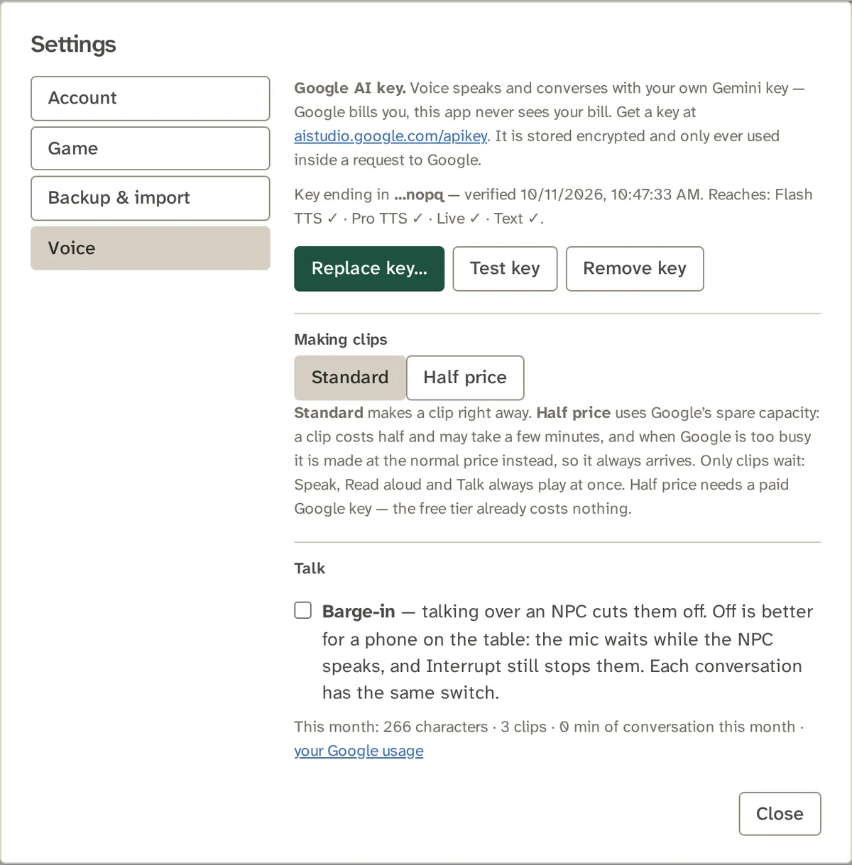 Settings, Voice: the key panel for your Gemini API key, with Replace key, Test key and Remove key