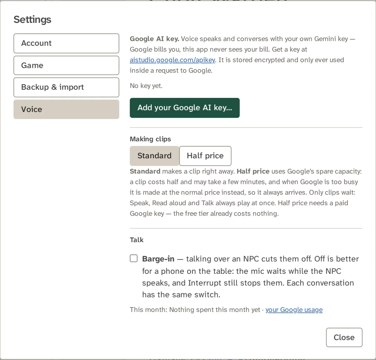 Settings, Voice, with no key yet: Add your Google AI key