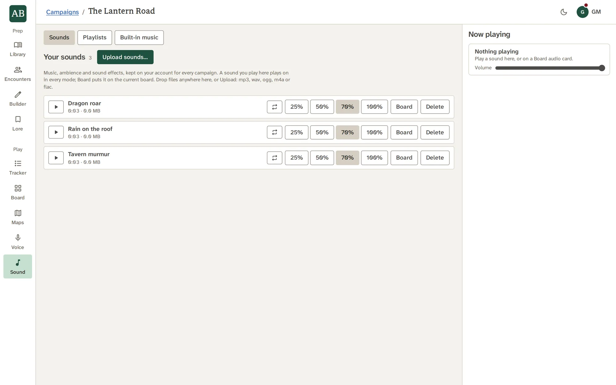 Your sounds: three uploaded sounds with loop, volume, Board and Delete controls
