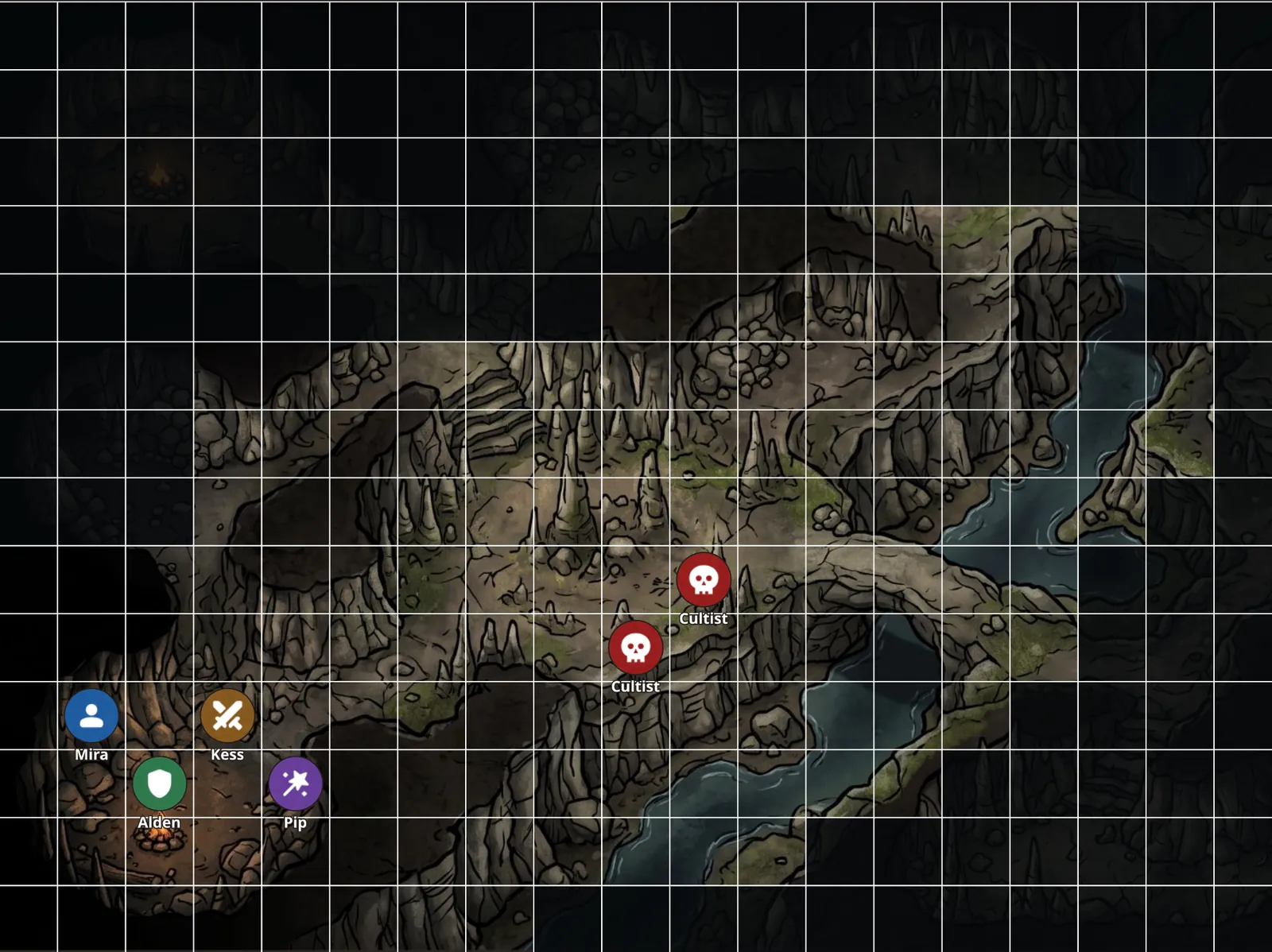 A cave map under fog of war on a tablet, as a player sees it: the revealed cells, the grid and the tokens