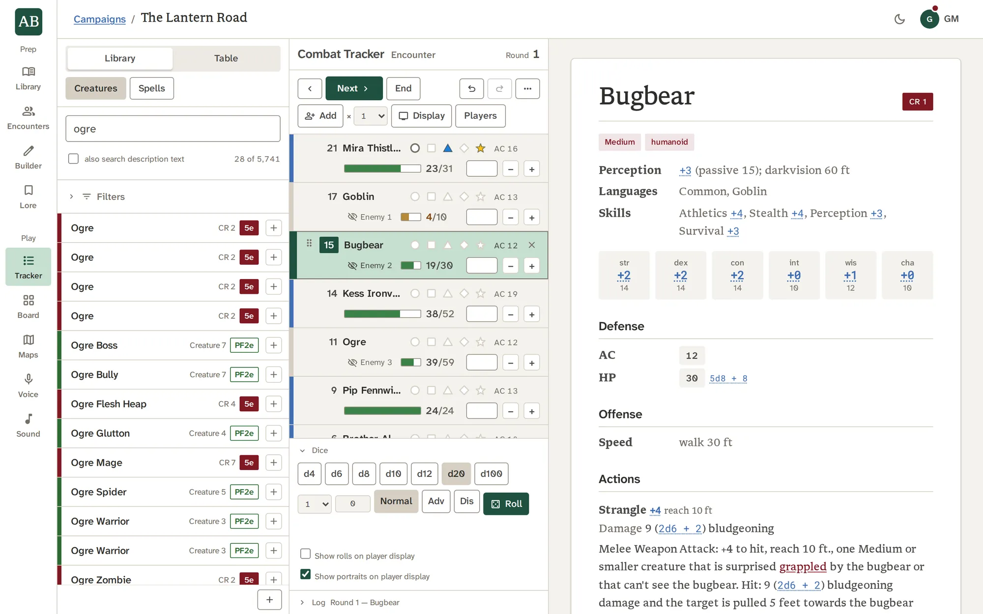The Combat Tracker mid-fight: seven combatants, hit points, and the Bugbear's stat block