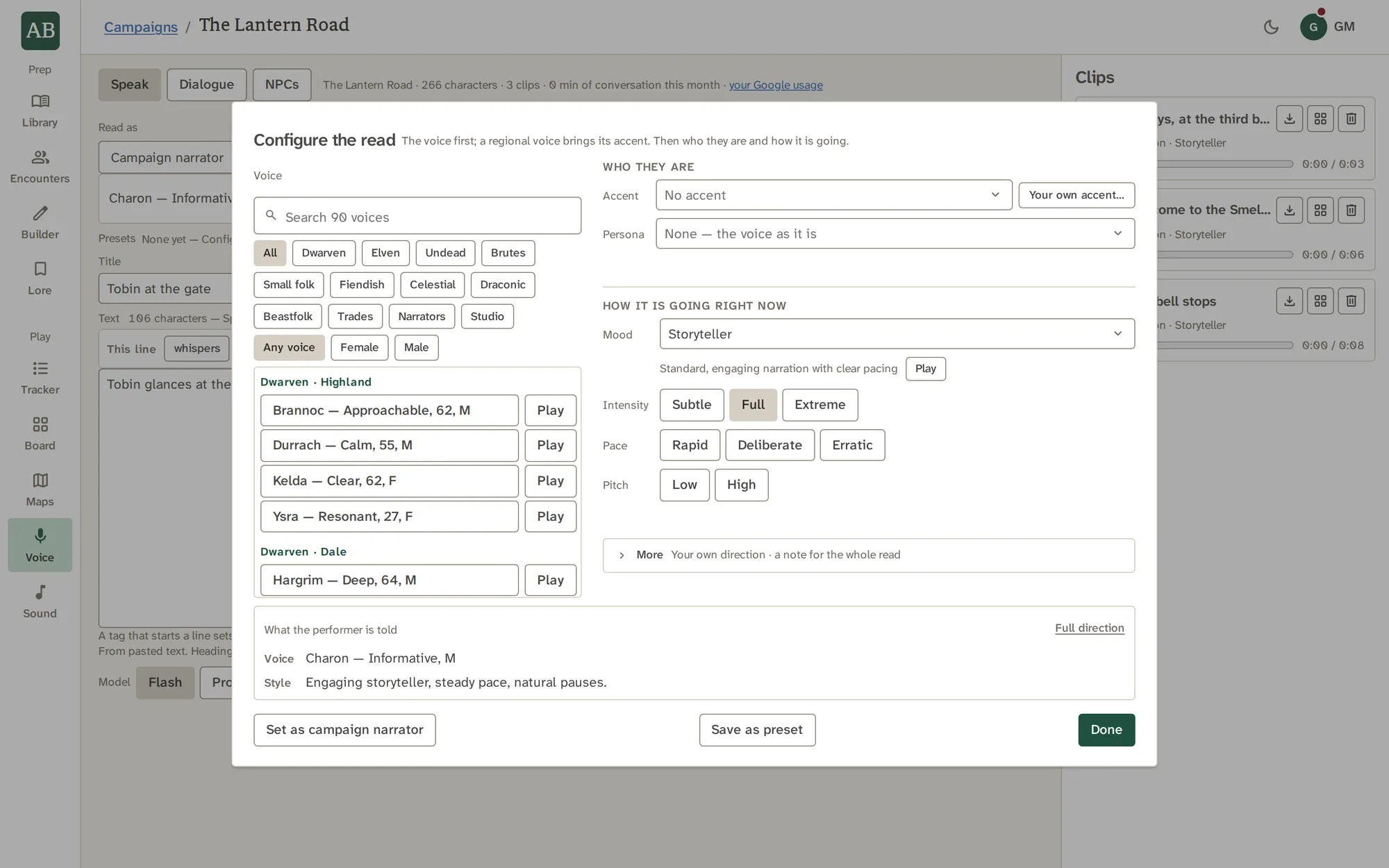 The Configure the read window: voices, accent, persona, mood, intensity, pace and pitch