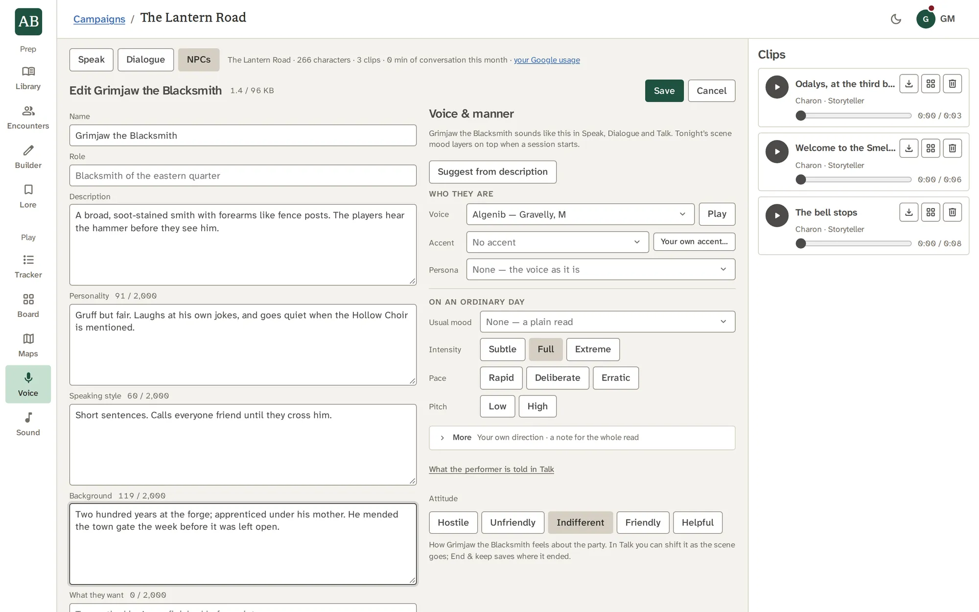 The NPC editor: name, description, personality, speaking style, and the voice and manner panel